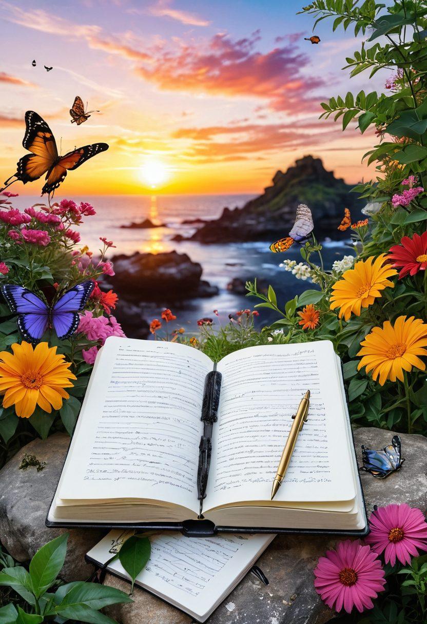 A lush landscape symbolizing growth with a vibrant sunrise in the background, featuring a quill and an open notebook resting on a large stone, surrounded by blooming flowers and butterflies, representing creativity and inspiration. super-realistic. vibrant colors. white background.