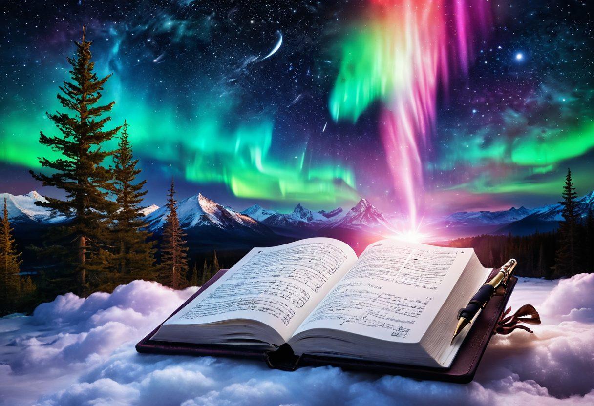 A mystical, glowing diary surrounded by ethereal auroras in a starry night sky, symbolizing personal expression and creativity. Include elements like a quill, digital icons, and swirling clouds to represent the digital diary era. The scene should evoke a sense of wonder and inspiration, inviting viewers to explore their own storytelling journey. vibrant colors. magical realism. dreamy atmosphere.