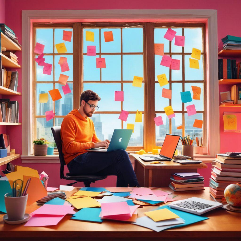 A whimsical representation of a person sitting at a vibrant desk surrounded by colorful sticky notes, laptops, and books, symbolizing creativity and journaling. Include a glowing globe and various social media icons floating around to highlight the concept of the blogosphere. The atmosphere should feel inviting and inspiring, with soft light filtering through a window. Illustration style: digital painting, vibrant colors.